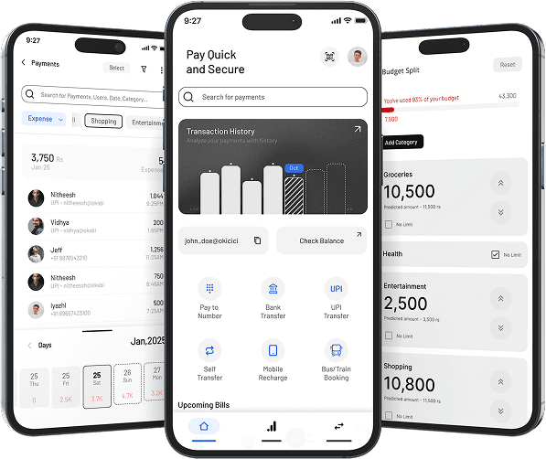 Financial app interface showing payment screens and budget tracking